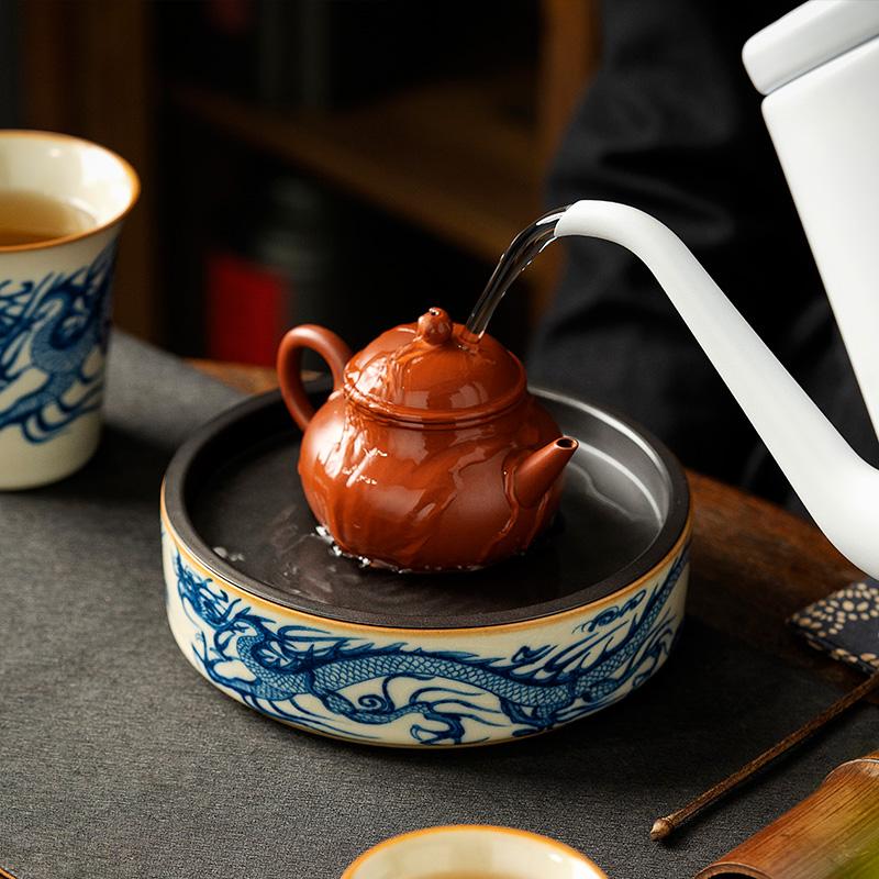 Blue and White Dragon Pattern Ceramic Pot Bearing Water Storage Kettle Mat Tea Mat Sand Teapot Base Tea Table Tray
