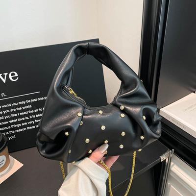 Vintage Rivet Design PU Shoulder Bags for Women Solid Color Ladies Chain Crossbody Bag Simple Girls Hobos Handbags Phe Clutch