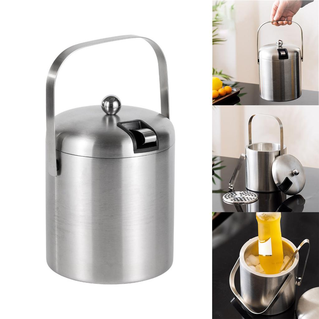 Stainless Steel Ice Bucket with Tongs Lid and Included Strainer Insulated Ice Bucket Convenient Insulated Container