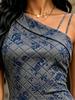 Grey Blue Floral Diamond Quilted Print One Shoulder Spaghetti Strap Bodycon Midi Dress Slim Fit Waisted Dress
