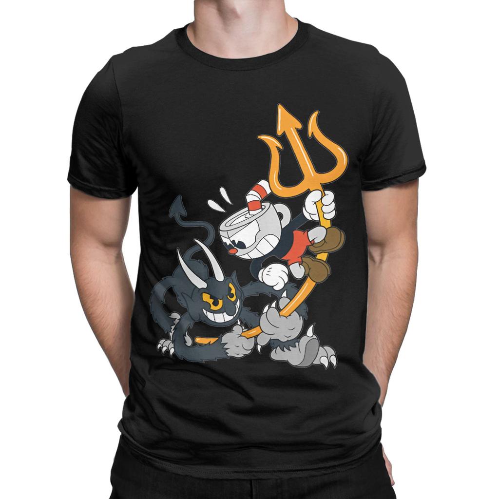 Cartoon Cuphead and Mugman Game T-Shirts for Men  Humor Cotton Tees O Neck Short Sleeve T Shirt Printed Tops