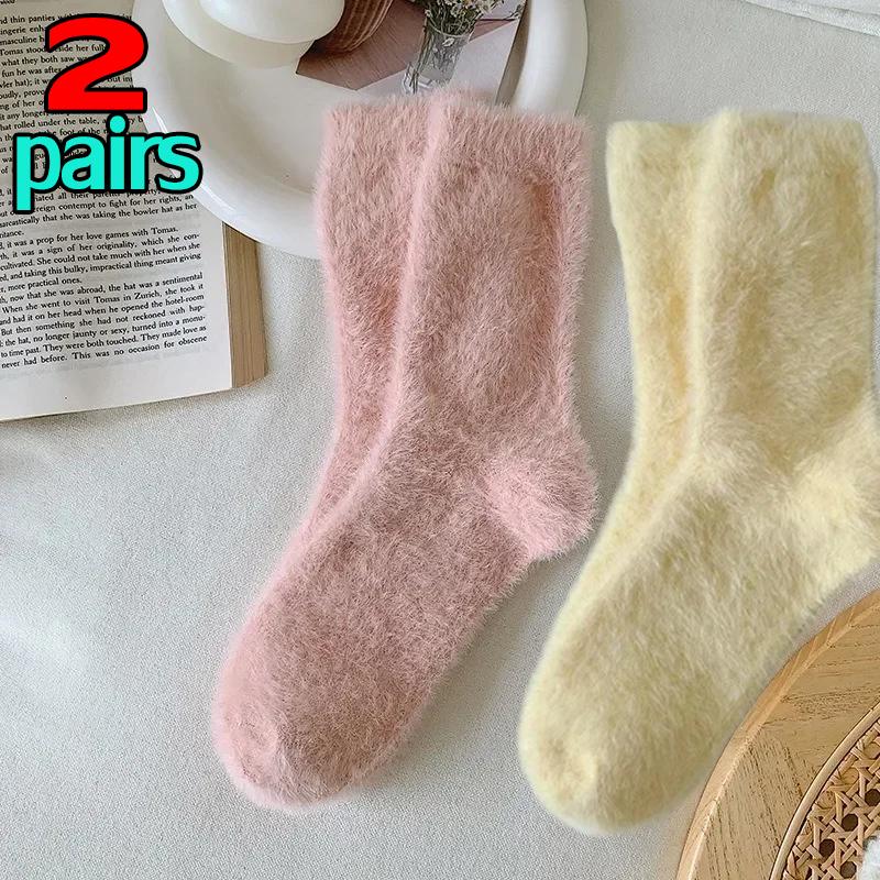 Women Mink Velvet Candy Color Socks Soft Super Elastic Velvet Thicken Warm Plush Winter Autumn Floor Fleece Mid-tube Stocking