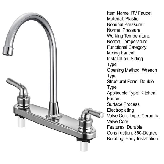 RV Faucet Two Handle Kitchen Faucet High Arch Spout Faucet 360 Swivel 8" Chrome-Plated Metal Bubbler Faucet