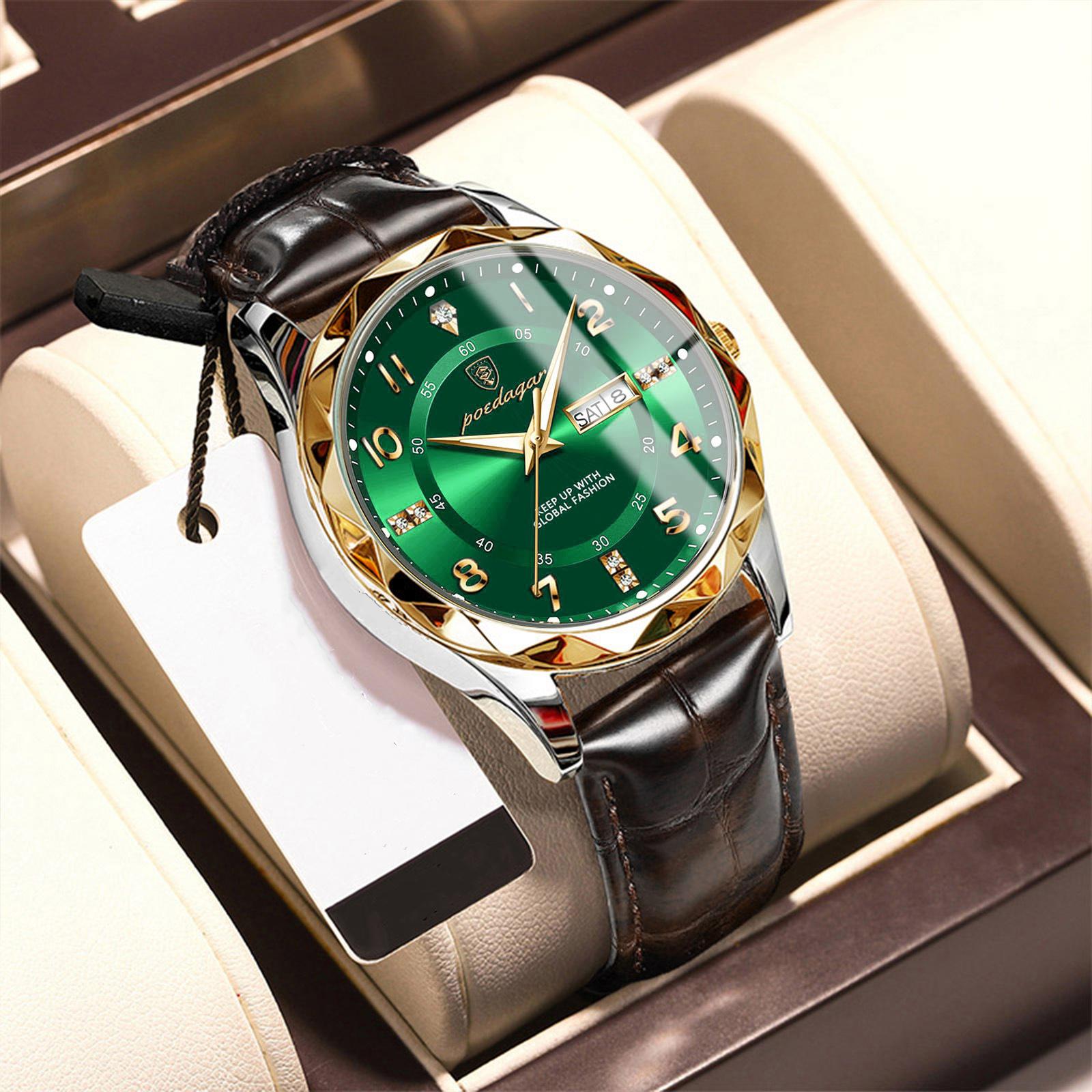 

POEDAGAR Мужские наручные часы класса люкс Бизнес Светящиеся мужские черные часы с датой и неделей для мужчин Кварцевые часы Кожаные часы зелёный/золотой