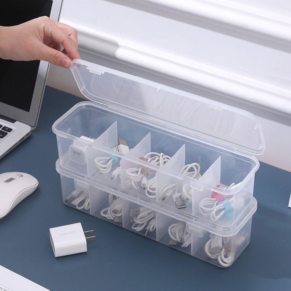

Transparent Desktop Organizer Dustproof Cable Holder 5 Grids Data Cable Storage Box Jewelry