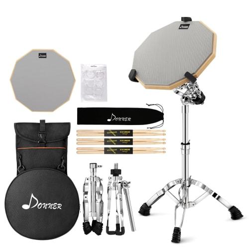 Donner Drum Practice Pad, Quiet Snare Drum Stand Kit for Training, Portable Drum Backpack, 3 Pairs of Drumsticks, and 6 Drum Gels (12-inch)