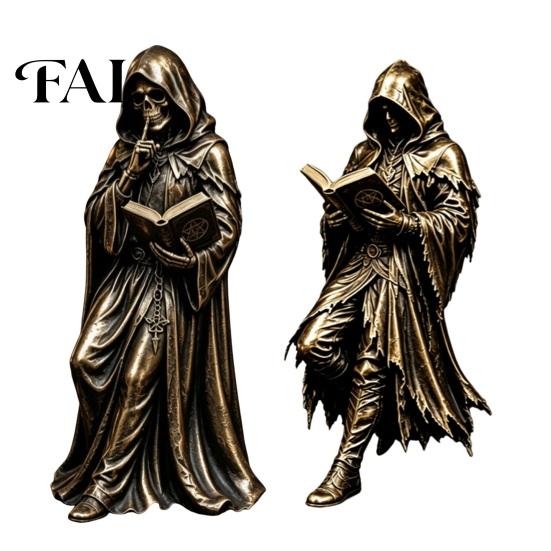 Haunted Bedroom Display Gothic Hooded Reaper Reading Book Resin Statue, Mystical Wizard Skull Figurine Artistic Statue Desktop Bookshelf Decor,