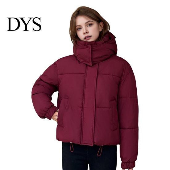 Short Cotton Jacket Winter Women Stand Collar with Hood Neck Protection Type Pockets Zipper Closure Padded Coat Solid Color Windproof Outwear Parka