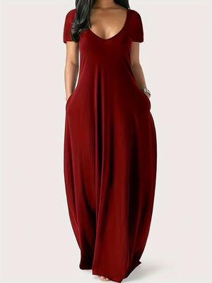 Plus Size Damen Einfarbiges Kleid Sexy Deep V Kurzarm Langer Rock