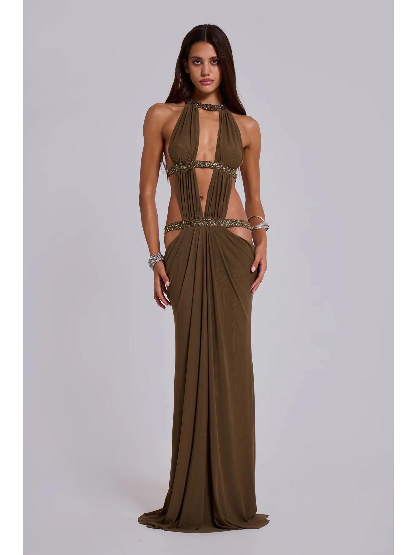 Элегантное женское европейское и американское облегающее длинное платье с вырезами на спине 2026 Small армия зеленый