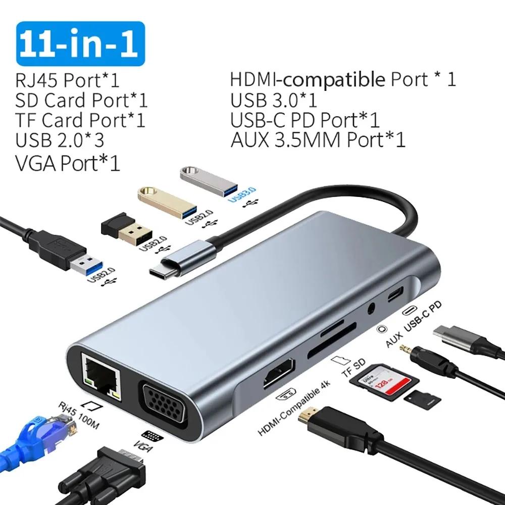 

Док-станция USB C 12-в-1 Адаптер TYPE C к HDMI 4K HD PD 100 Вт VGA RJ45 3,5 мм SD TF USB 3.0 Сплиттер для ноутбука MacBook 11 in 1