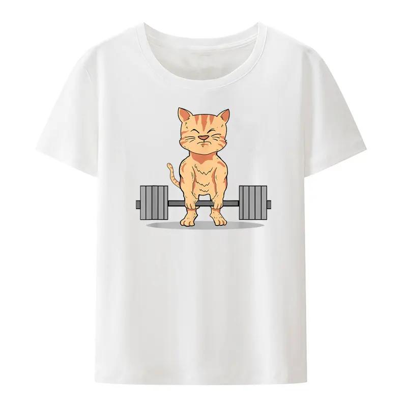 Cute Cat Powerlifting Gym Lover Modal Print T Shirts UnisexShort Sleeve Loose Breathable Camisetas Creative Casual Cool Tops