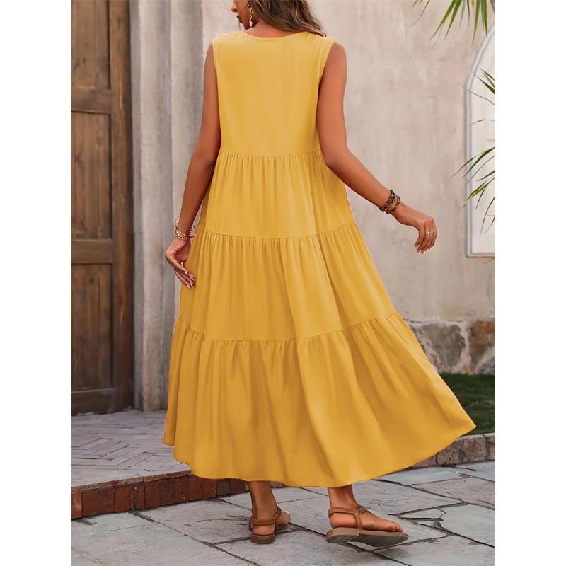 2025 Women Dress Summer Casual Vacation Holiday Beach Long Dresses V-neck Loose Elegant Yellow Black RUFFLES Dress Femme