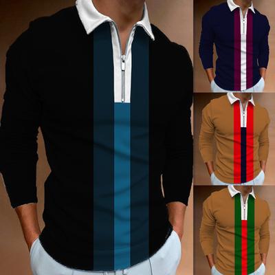 Men's Long Sleeve Polo Shirt Casual Stripe Printed Zip Pullover Shirt