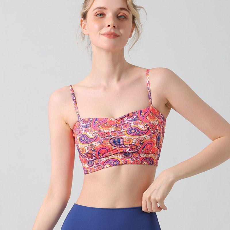 Retro Print Strap Sports Bra Women's Chest Pad Workout Underwear Yoga Clothes Vest Suit Push up Tube Top