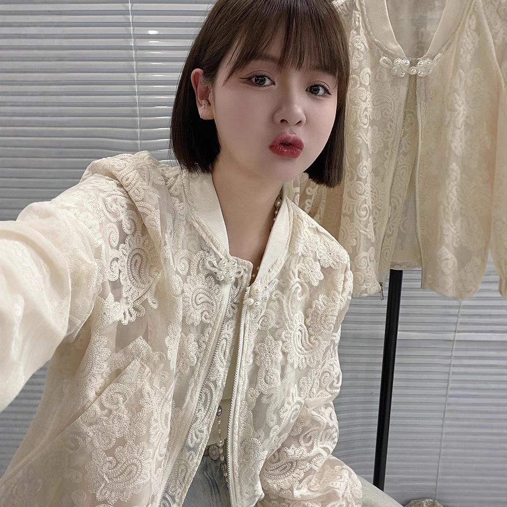 Women's Hollow Lace Jacket with Stand-up Collar - European Style, 2024 Spring, Korean Slimming Fit, Elegant Fragrance-Inspired Design.