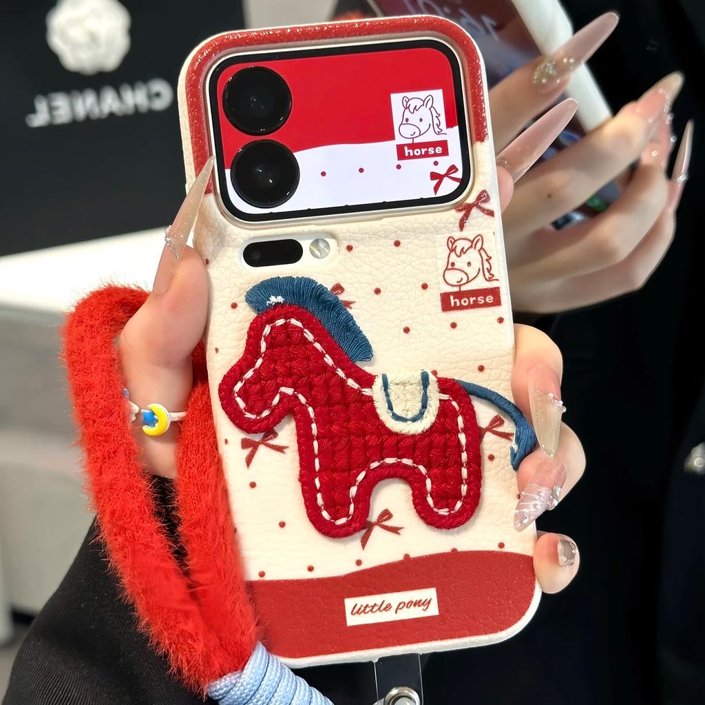 The Red Pony Lanyard Is Suitable for Apple 17 Mobile Phone Case 16promax Anti-drop 15Pro All-inclusive 13/14 Protective Case.