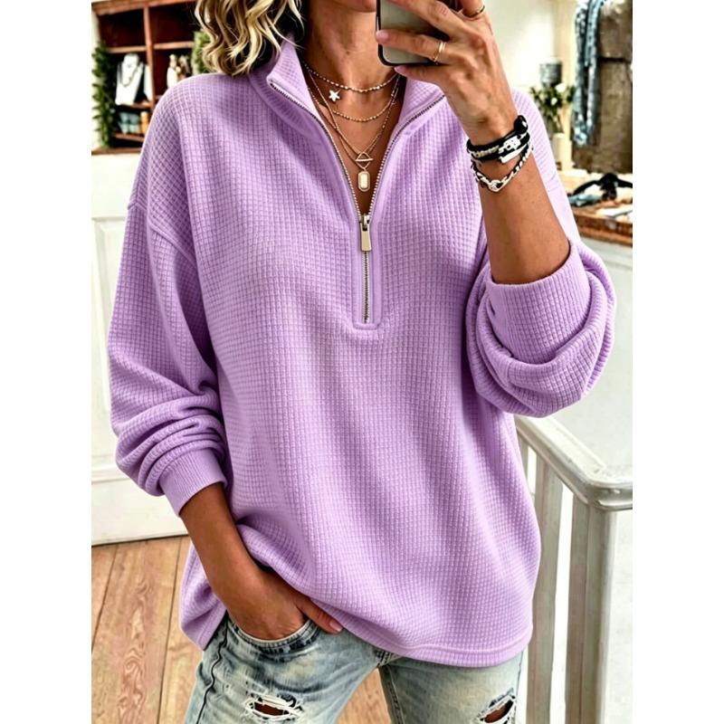 Women Loose Half Zip Half Collar Waffle Knit Hoodie Long Sleeve Pullover