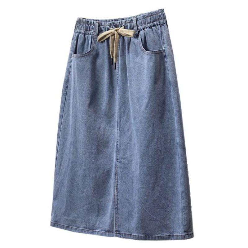 

Fashion Style Plus Size Women s Clothing Chubby Girl Thin Casual Elastic Waistband Lace-up Tencel Stretch Denim Skirt XL-5XL Blue XL