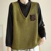 Women's Original Artistic Knitted Vest Appliqué Paneled Solid Color Cotton Thread Hollow-Out Sleeveless Pullover V-Neck Vest