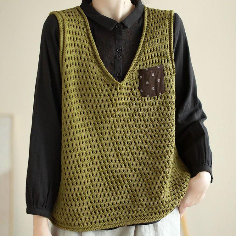 Women's Original Artistic Knitted Vest Appliqué Paneled Solid Color Cotton Thread Hollow-Out Sleeveless Pullover V-Neck Vest