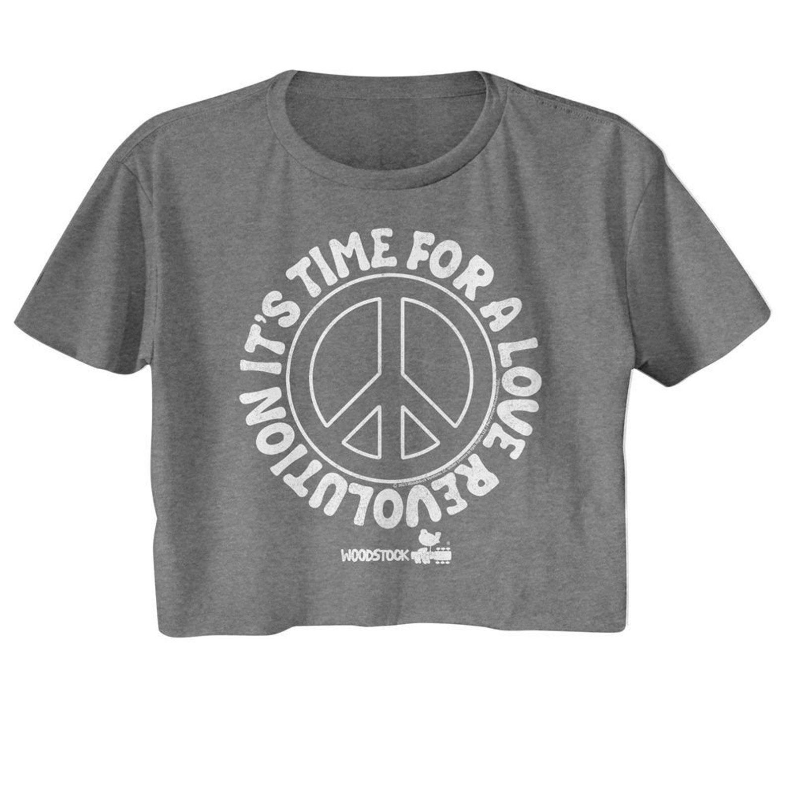 Woodstock Love Revolution Peace Sign Graphite Heather Women s Festival Crop T-Shirt S