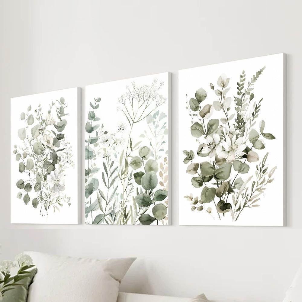 3pcs/set Green Color Plant Leaf Art Oil Painting Canvas with Wood Frame Draw Wall Decor Home Decorations