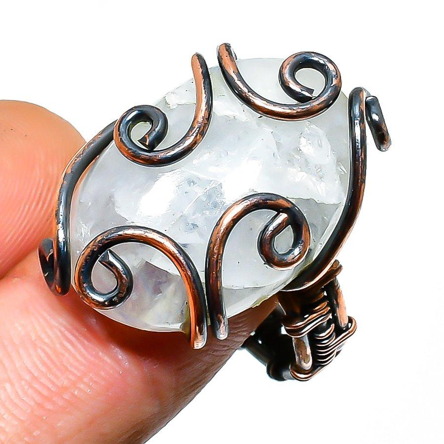 

Rainbow Moonstone Gemstone Handmade Copper Wire Wrap Jewelry Ring Size 9