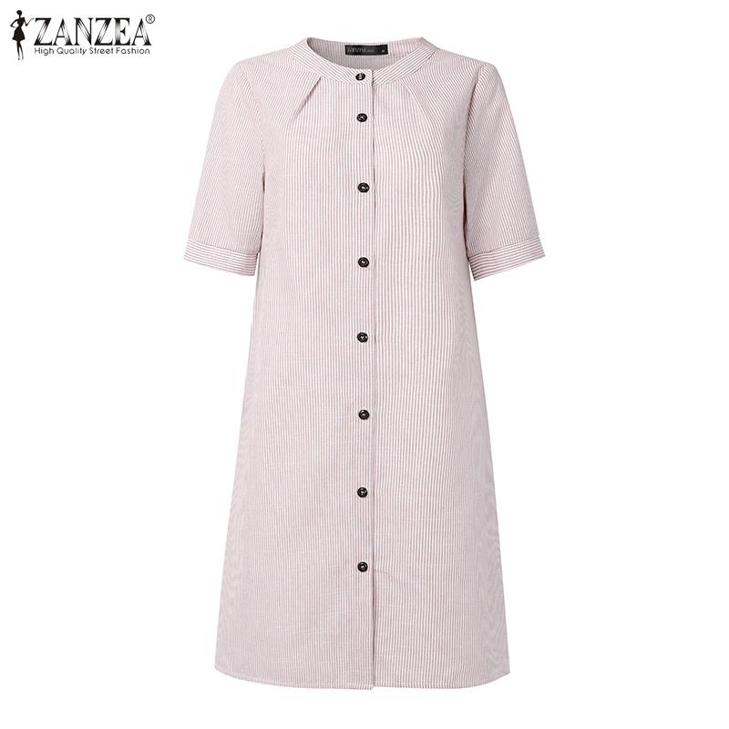 ZANZEA Women Round Neck Short Sleeve Striped Casual Shirts Dress