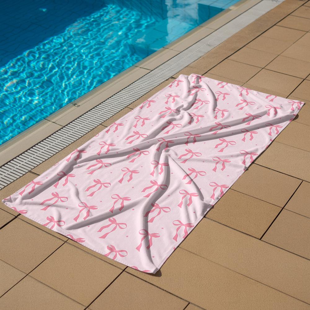 Soft Pastel Pink Ribbon Bow Microfiber Quick Dry Beach Towel Cute Cartoon Anime Absorbent Soft Bath Towel for Travel Adult Kids