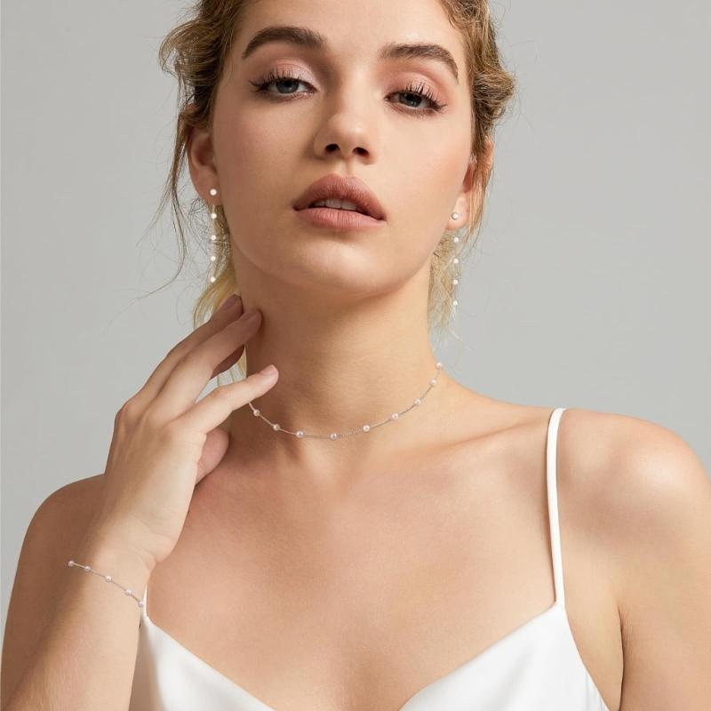 Chic Double Strand Choker Set Imitation Pearls Accents Alloy Clavicle Chain Jewelry For Daily Use