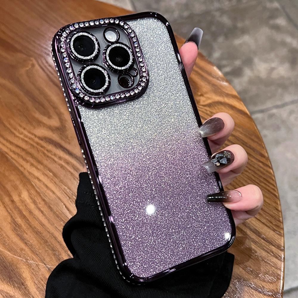 Luxury Plating Diamond Rhinestone Glitter Case For iPhone 11 12 13 14 15 16 Pro Max Plus Transparent Bling Soft Silicone Cover