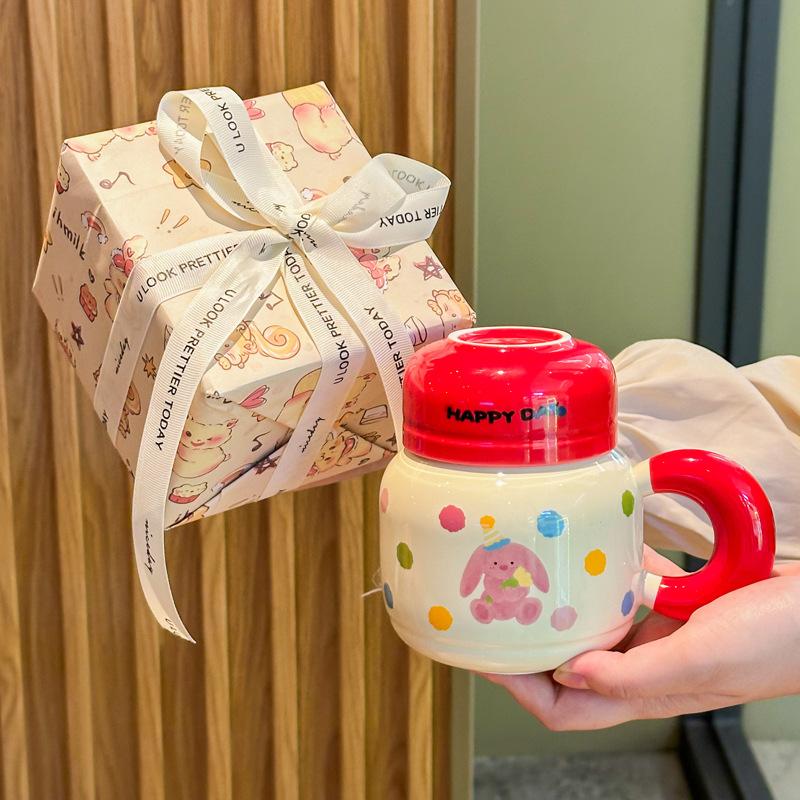Milk fufu cute bear kettle large capacity ceramic mug with lid spoon couple coffee cup female birthday gift