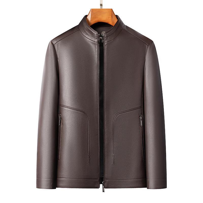 2026 Spring Men's Casual Sheepskin Leather Jacket with Stand-up Collar