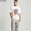 Zazomde Tshirt Cute Grayscale Kitten Halftone Print Japanese Characters Design Loose Casual Soft Cotton Short Sleeve Tops