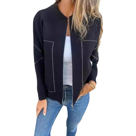 Fall Spring Women Jacket Round Neck Solid Color Long Sleeves Zip-up Baseball Coat Loose Cardigan Daily Wear Outdoor Vacation Shopping Coat