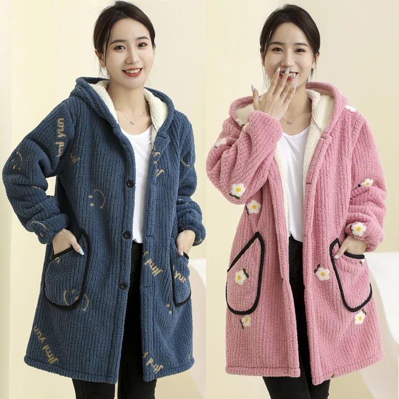 Coat Plush for Women Fleece Thickened Winter Double Layer Windbreaker Oversize Casual Hooded Jacket