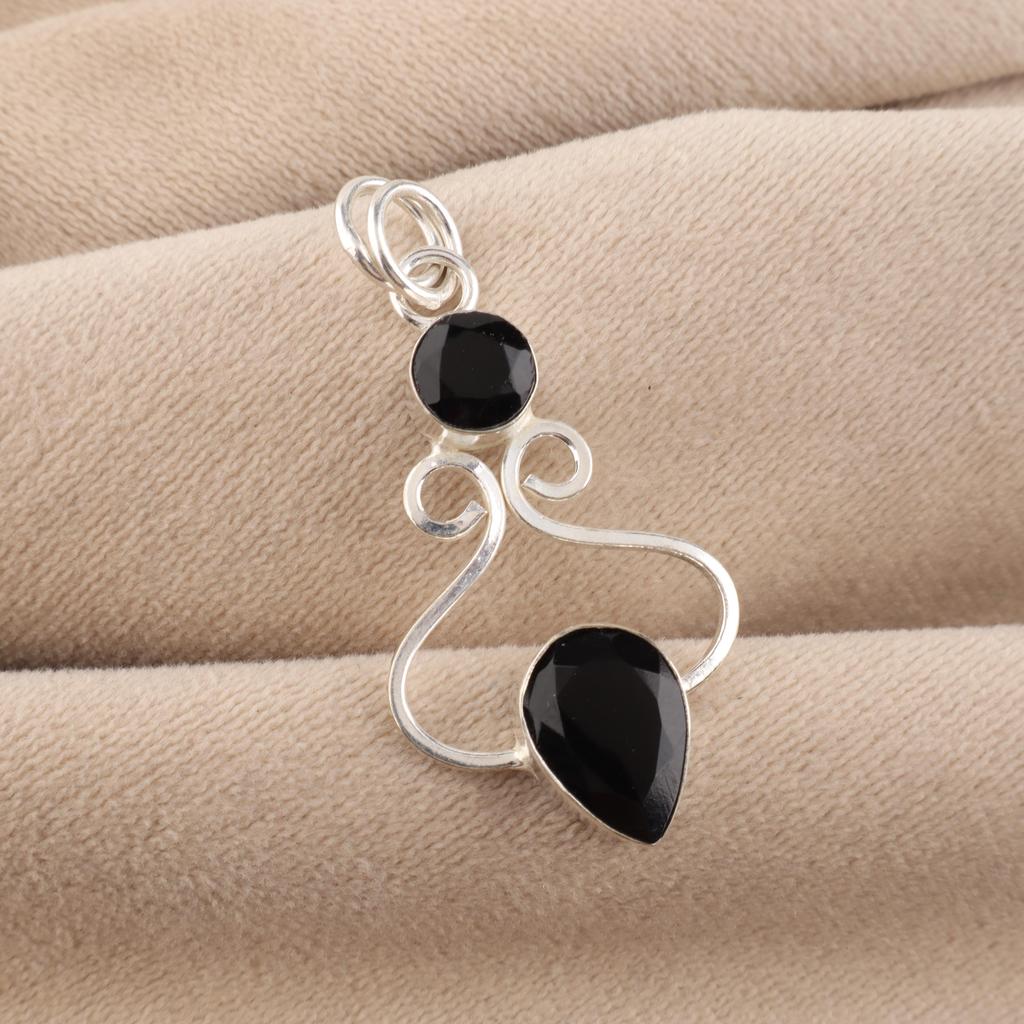 Black Onyx Gemstone 925 Sterling Silver Handcrafted Pendant 1.5" Gift For Wife PP-13-13
