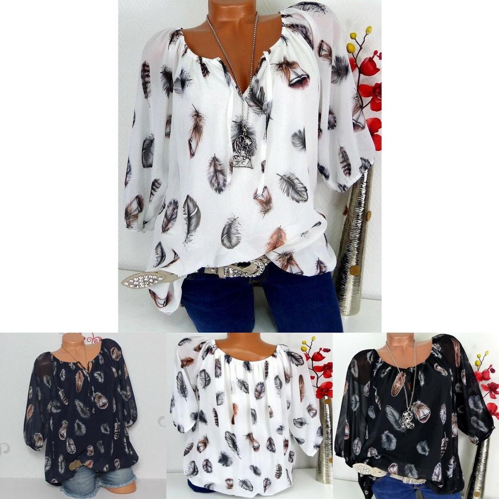 Boho Women V Neck Feather Print Tops In Soft Comfortable Fabric For Casual Outings