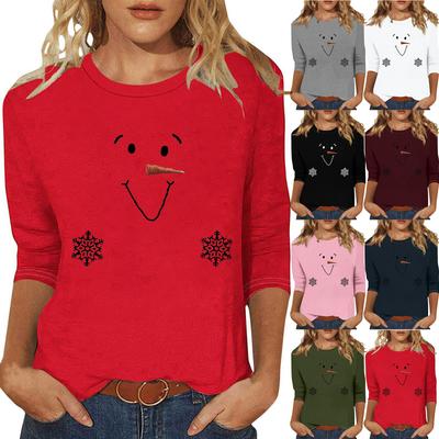 Women's Fashion Casual Three-quarter Sleeve Christmas Print Crewed Neck Top