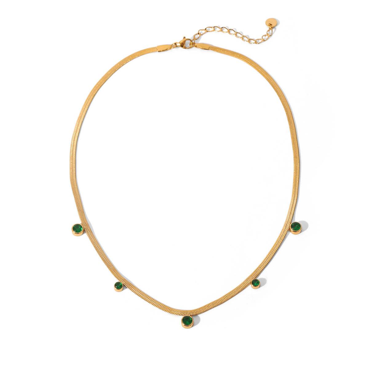 

18K Gold Stainless Steel Snake Chain Necklace with Round Zircon, Women s Niche High-end Titanium Steel Clavicle Chain зелёный
