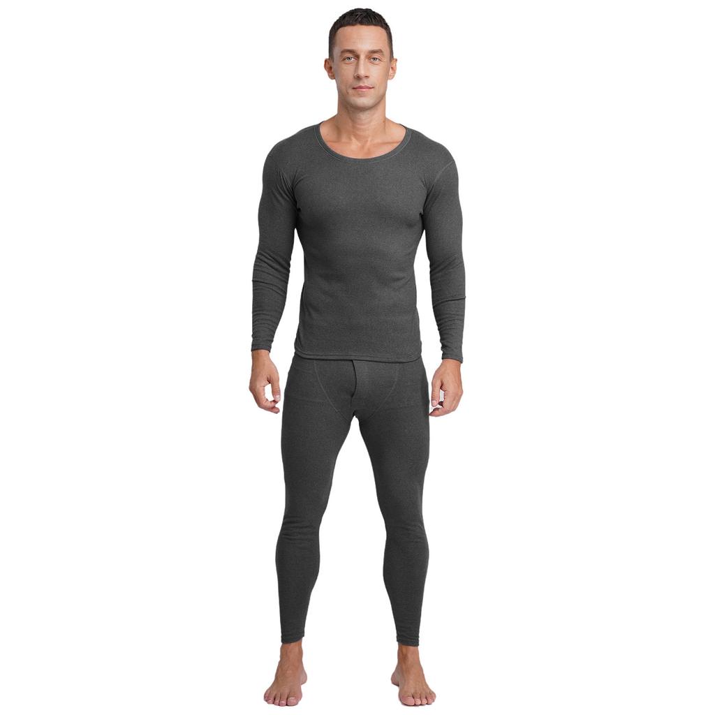 Mens Long Sleeve Round Neck Thermal Underwear Warm Base Layer Soft Breathable Tops Bottom Set Winter Cold Weather Wear