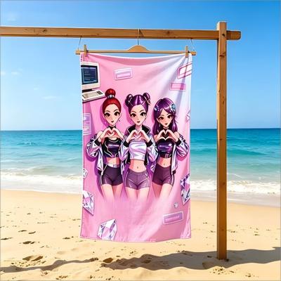 Neon K-Pop Girls Beach Towel, Y2K Holographic Style, Quick Dry Absorbent Pool Towel
