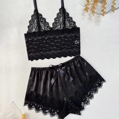 Womens Sexy Lace Sleepwear Lace Nachtkleding Lingerie Sleeveless V-Neck Babydoll Pajamas Set Lingerie Tops Shorts Set Nightwear