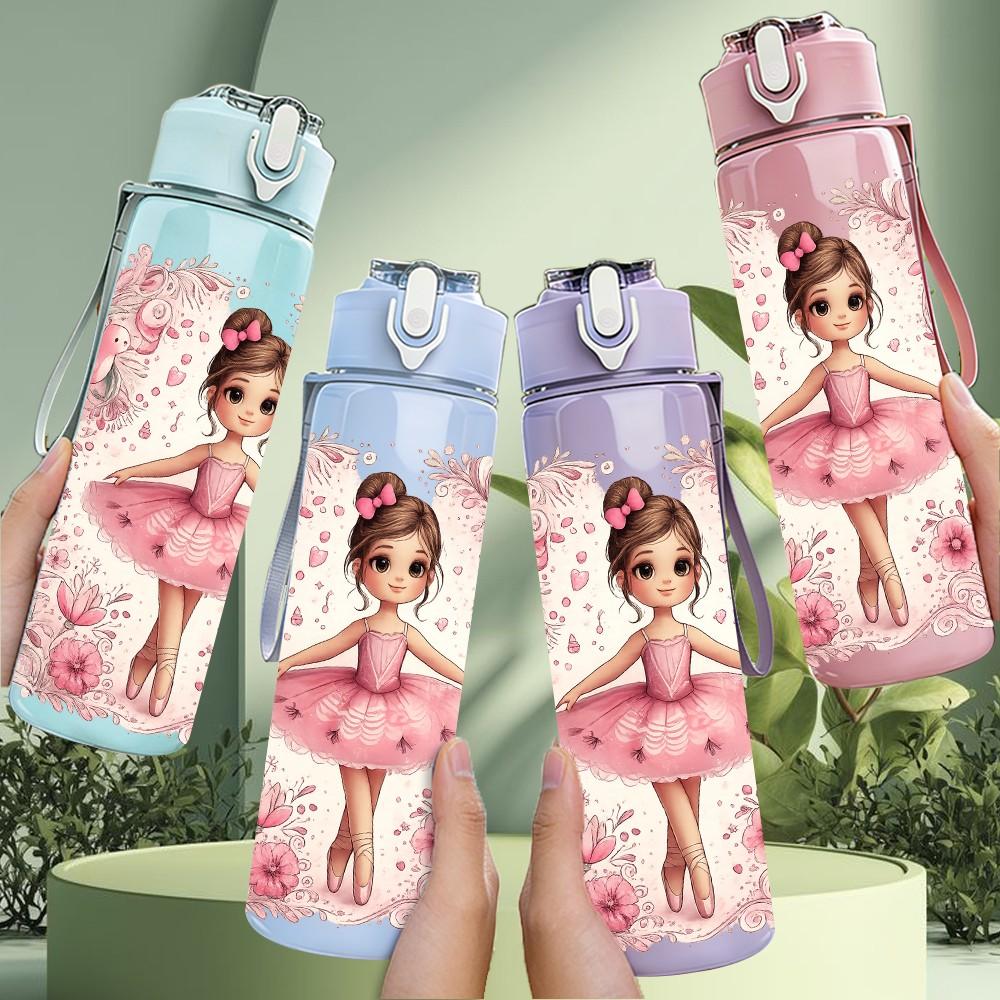 1PC Pink Floral Ballerina Girl Print 750ml Color Plastic Sports Water Bottle Leakproof Flip Straw Lid Suitable for Sports Office Home Use