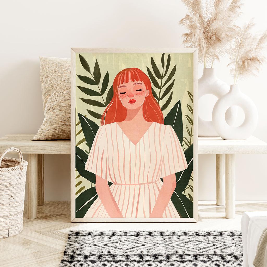 Plakat ilustracja kobieta zielone liście