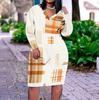 Women Plus Size V Neck Long Sleeve Printed Fitted Straight Midi Dress