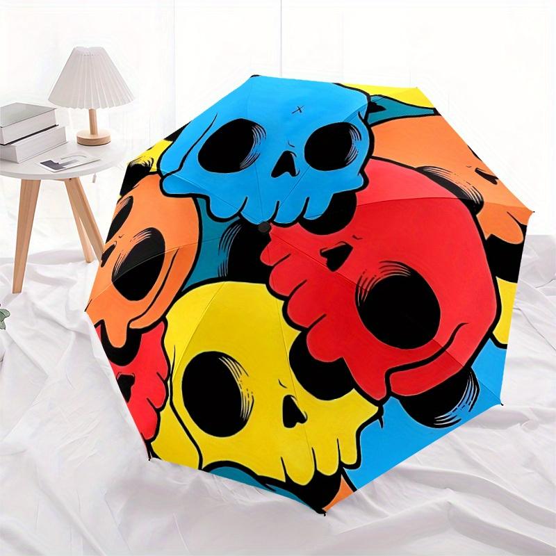 1pc Skull Print Automatic Open, Sturdy Iron Frame, Compact Folding Design, All-Season Portable Umbrella for Women & Men, Outdoor Umbrella Yy
