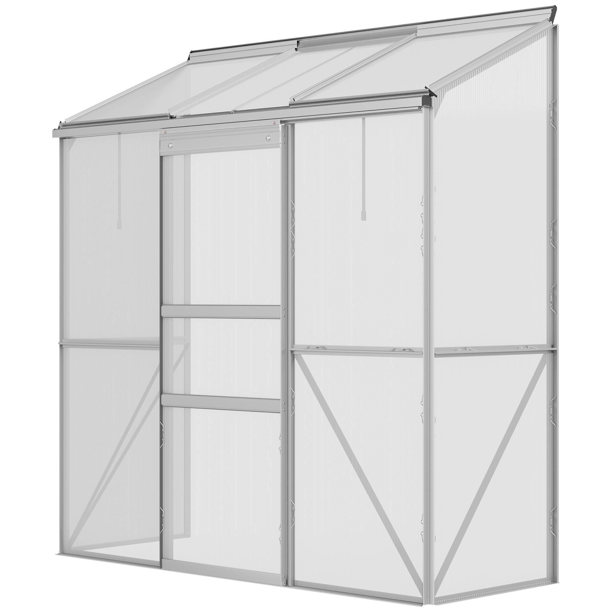 Serre Adossée Porte Coulissante Fenêtre de Toit Polycarbonate Aluminium Couleur Argent 192 X 68 X 196 Cm