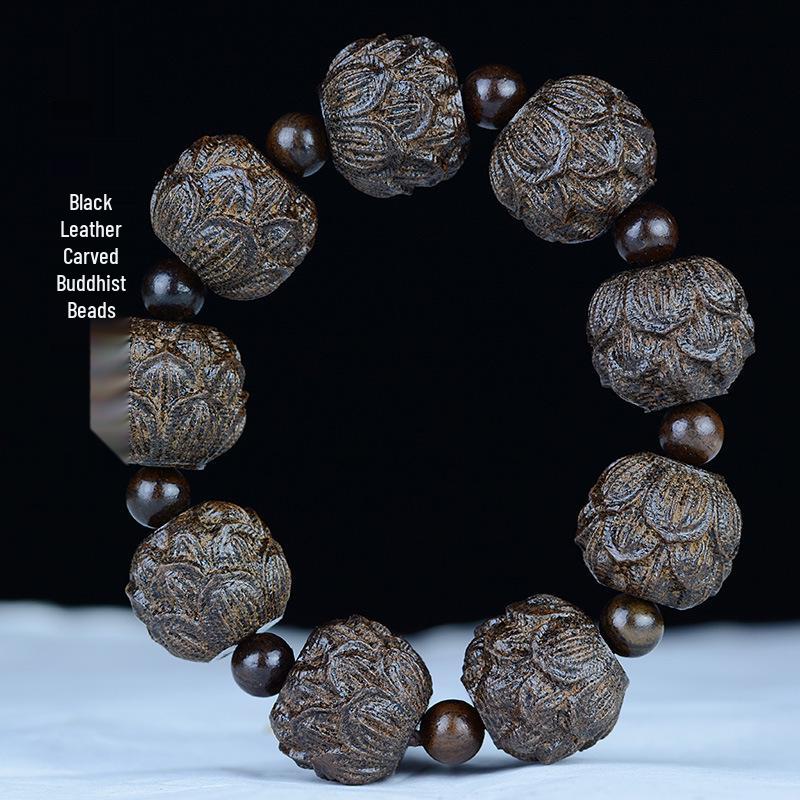 Браслет из эбеновых бусин Восемнадцать Архатов - Резная кожа и ясень
